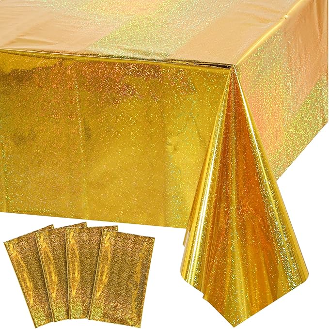 4 Pack Iridescence Plastic Tablecloths Shiny Disposable Laser Rectangle Table Covers Holographic Foil Tablecloth Iridescent Party Decoration Birthday Bridal Wedding Christmas 54" x 108" (Gold)