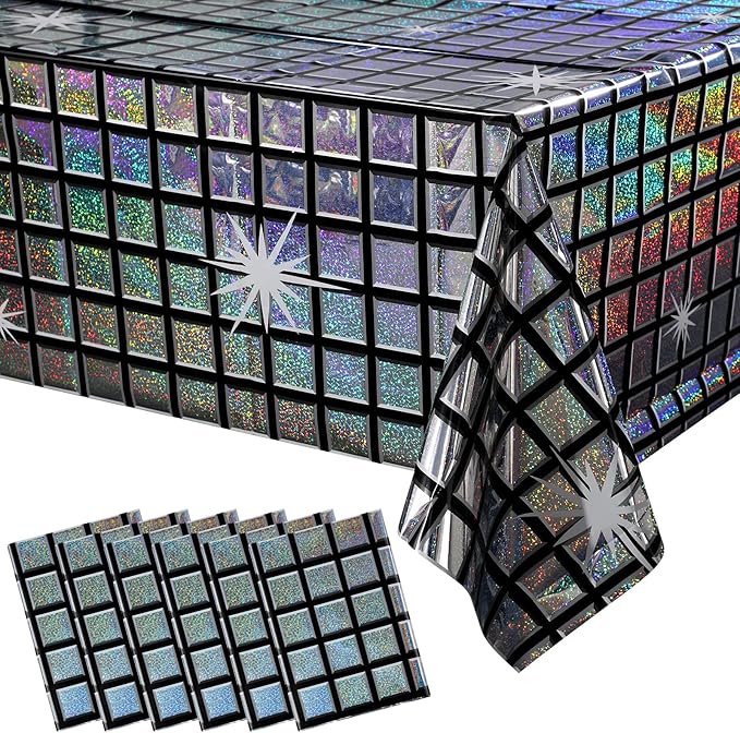 6 Pack Disco Tablecloth Party Decorations, Shiny Iridescent Disposable Laser Rectangle Table Covers, Silver Holographic Plastic Table Cloth for 70s Disco Birthday Theme Party Decorations, 39 x 108Inch