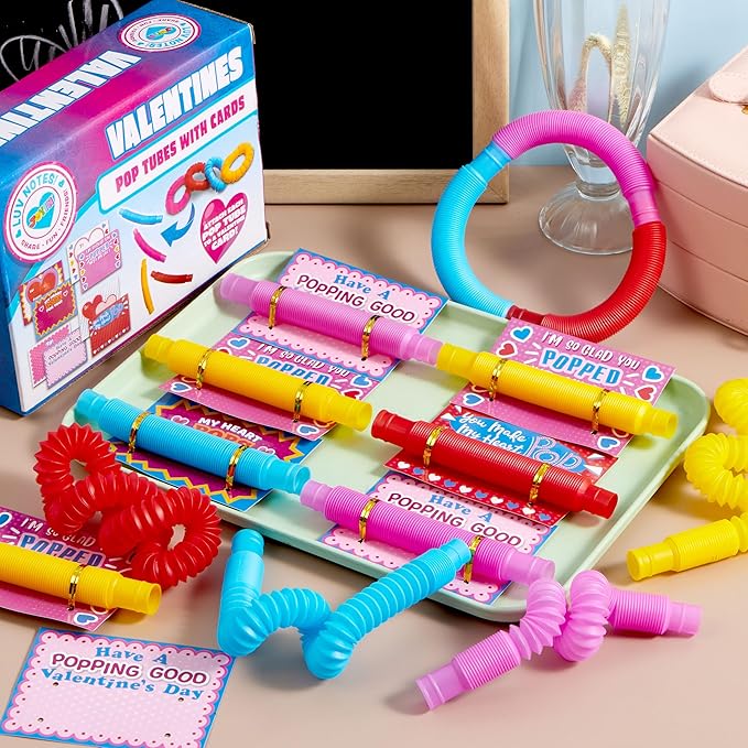 JOYIN 28 Packs Valentines Cards with Pop Tubes for Kids, Pop Tubes with Gift Cards Set, Stretchy Stress Relief Fidget Toys for Kids Classroom Valentine's Day Party Favors Classroom Gifts