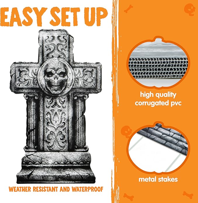 JOYIN 15.7” Halloween Decorations Outdoor Graveyard Tombstones, 6 Pcs Skeleton RIP Plastic Gravestones Halloween Decor with 12 Metal Stakes for Yard Lawn Garden Prop, Party Decor Supplies