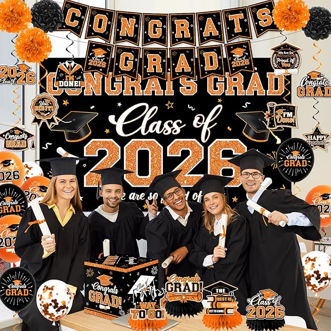Graduation Decorations Class of 2026,Orange and Black Graduation Decorations 2026- Congrats Grad Decorations Orange Banner＆Hanging Swirls,Card Box,Pompoms,Balloons,Porch Sign for College Grad Party