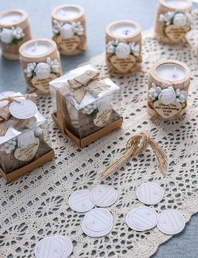 Ju's Favors 10 Piece Set of Wooden Tealight Candle Holders, Wedding Party Guest Favors, Thank You Favors, Guest Return Favors, Bridal Shower, Housewarming Gifts for Guests. (Light Brown+Rose)