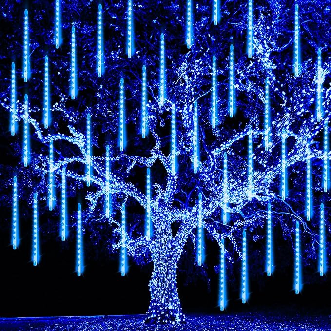 TW SHINE Christmas Meteor Shower Lights Outdoor, 864 LED 12" 24 Tubes Waterproof Christmas Lights Outdoor Plug in, Snow Falling Rain Icicle Xmas Light Decorations, Blue