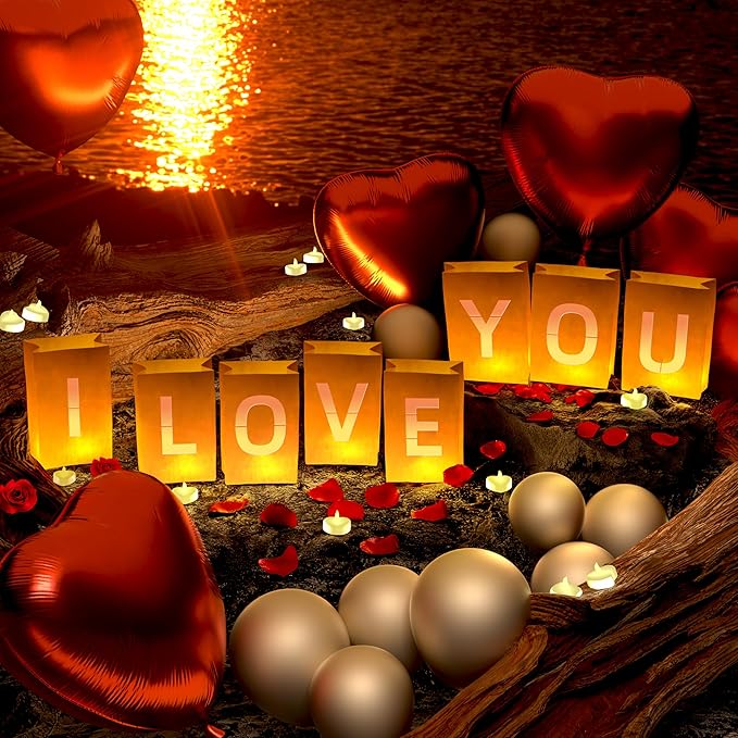 I Love You Light Up Letters, with Tea Lights Candles, Rose Petals, Pearlescent Foil Balloons - Luminary Paper Bags, Anniversary Decorations and Valentines' Day Decorations for Your Loved One