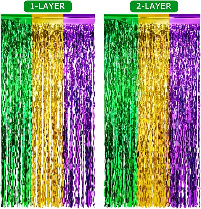 6 Pack 3.3Ft x 6.6Ft Mardi Gras Wavy Foil Fringe Curtain Backdrop Decorations, Purple Gold Green Metallic Tinsel Foil Streamers Curtain Photo Background for Mardi Gras Carnival Wedding Birthday Party
