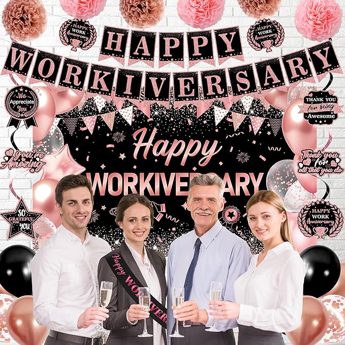 DARUNAXY Happy Workiversary Party Decorations for Women, Rose Gold Happy Work Anniversary Banner Cake Topper Hanging Swirl Confetti Balloons Decor Set for Pink Employee Office Party Supplies for Girls