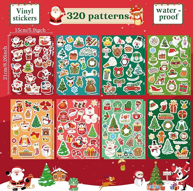 OHOME Stocking Stuffers | 320 PCS Christmas Stickers - Toddler Stocking Stuffers | Kids Christmas Gifts for Boys Girls Grandkids,Vinyl Xmas Games Crafts Activities Party Favors Supplies