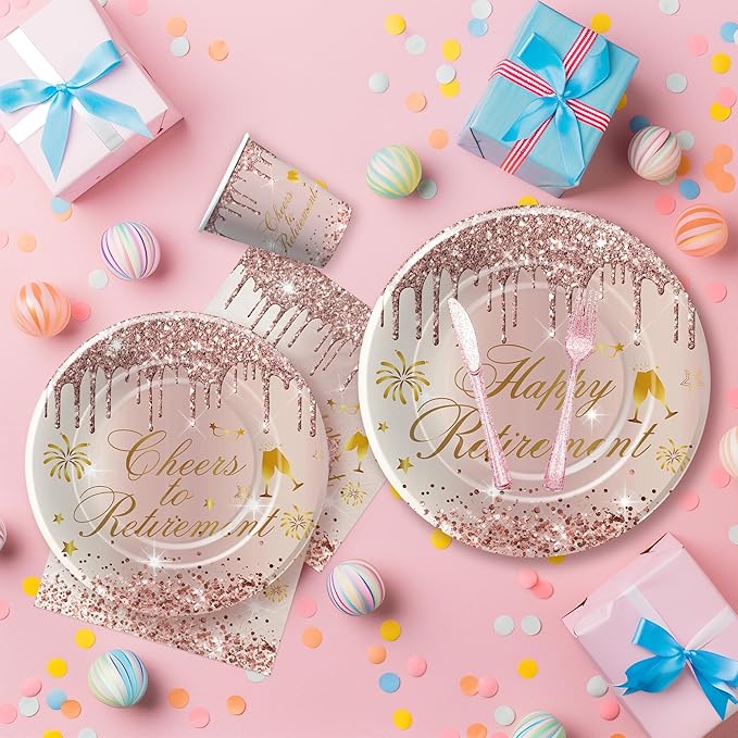 APOWBLS Retirement Decorations For Women, Rose Gold Happy Retirement Party Decorations Supplies Tableware, Paper Plate, Cup, Napkin, Tablecloth, Cutlery, Serve 24