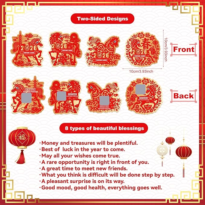 KYMY 2026 Chinese & Vietnamese New Year Scratch Cards – 64PCS Spring Festival Scratch Off Fortune Cards, Zodiac Horse Year Red Lucky Cards for Lunar New Year Party Decorations