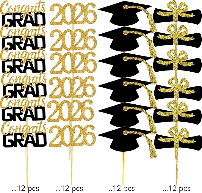 2026 Graduation Cupcake Toppers, 48 PCS Food/Appetizer Picks For Graduation Party Mini Cake Decorations, Diploma, 2026, Grad Cap Set 48 Pieces (01 Gold)