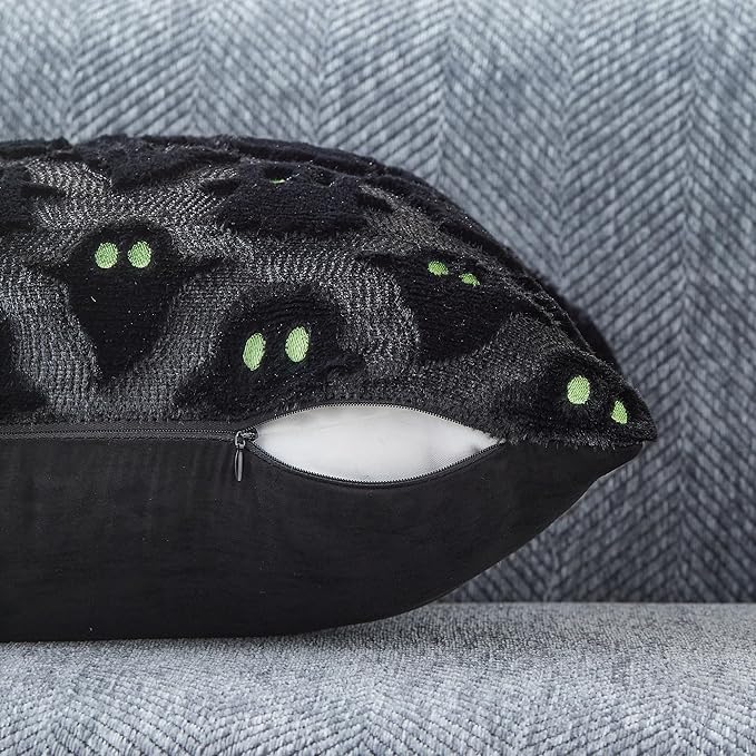 DFXSZ Halloween Pillow Covers 12x20 inch Set of 2 Black Ghost Throw Pillow Cases Soft Plush Faux Fur Wool Couch Cushion Case for Chair Sofa Bedroom Living Room Home Decor PTK03F12