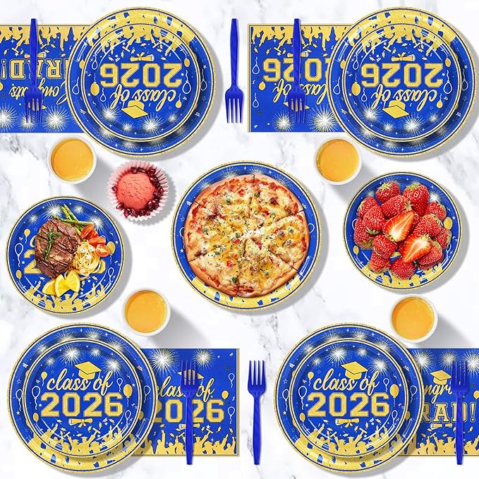 100 Pcs Graduation Plates and Napkins Party Supplies Set,Serves 25 Guests Blue Gold 2026 Graduation Plates and Napkins,Disposable Paper Tableware Set for Graduation Party Decorations