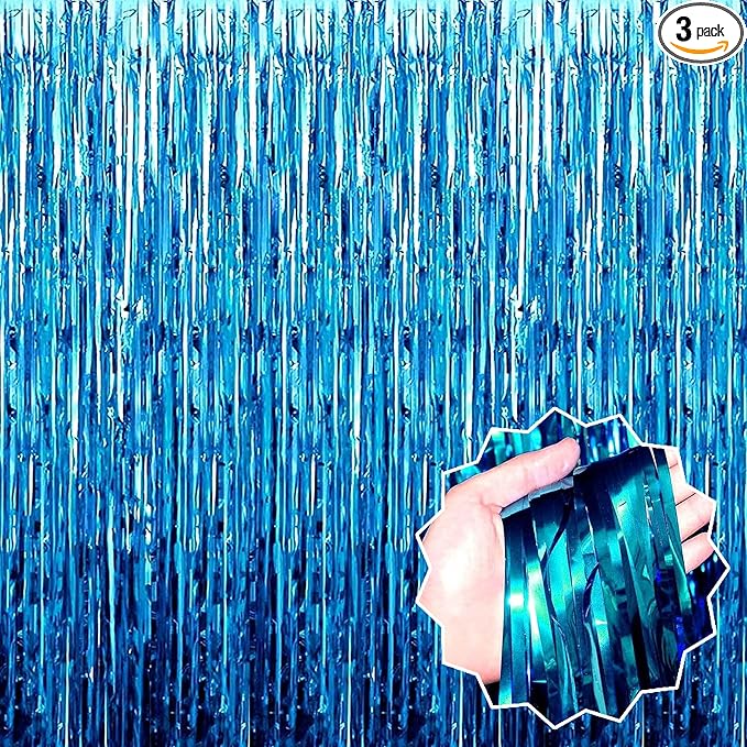 3 Pack Lake Blue Foil Fringe Curtains Backdrop, 3.28 x 8.2 Ft Metallic Streamers Tinsel Curtains Background for Photo Booth, Birthday, Halloween, Christmas, Thanksgiving, New Year Party Decorations