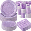 Hushee 350 Pcs Pastel Purple Holographic Print Party Supplies Guests Disposable Dinnerware Set Include Paper Plates, Napkins, Cups, Plastic Cutlery for Wedding Birthday Disco Bachelorette