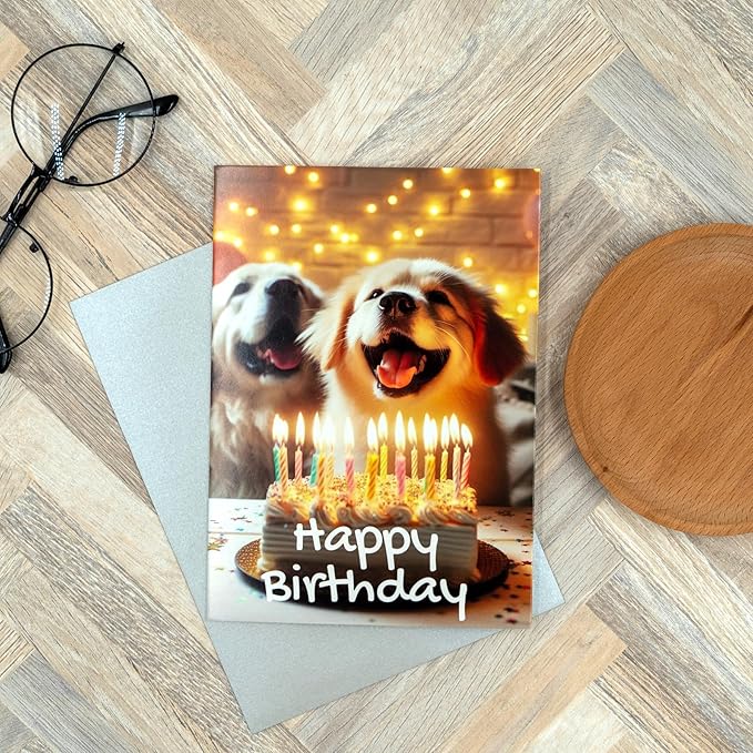 Gooji 5x7 Dogs Birthday Card, Funny Humorous Cute Card for Wife Husband Teenage Young Boy Girl Men Women Adult, Golden (Candles)