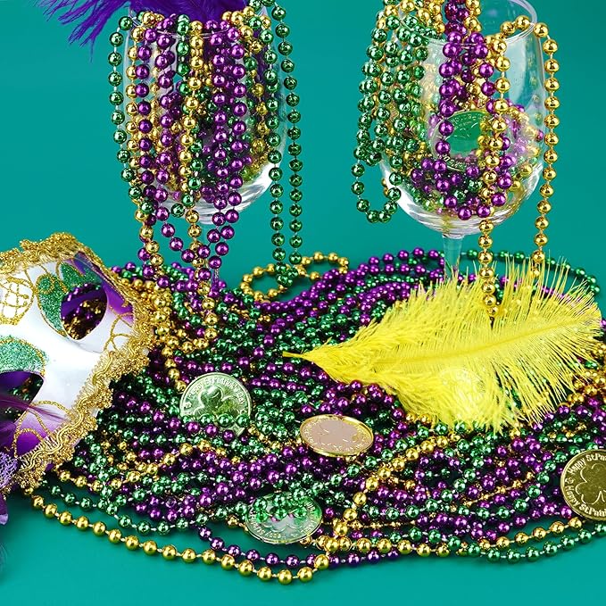 SHAOQINLIN 144 PCS Mardi Gras Beads Necklaces, 33'' Metallic Gold Green Purple Bead Necklace Mardi Gras Accessories Throw Beads in Bulk for Mardi Gras, Christmas, Party Favors