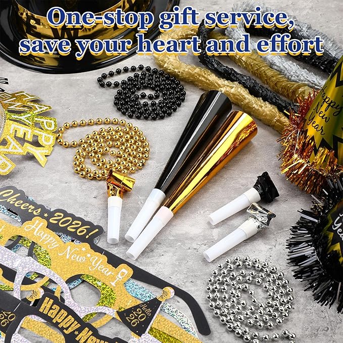402 Pcs 2026 New Year's Eve Party Supplies for 100 Guests Includes Top Hats Cone Hats Tiaras Glasses Horns Squawkers Blowouts Bead Necklaces Lei Necklace Happy New Year