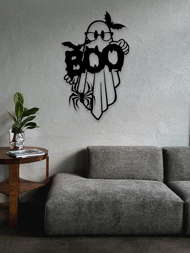 RESACO Cute Ghost Wall Art Halloween Metal Wall Decor Halloween Decorations for Front Door Wall Decorations for Bathroom Living Room Indoor Outdoor (10.6IN X 16.9IN Black)