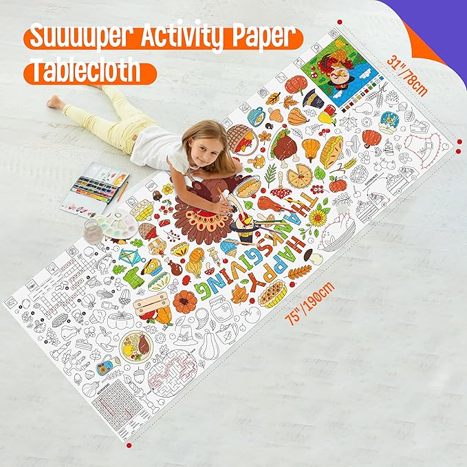Thanksgiving Coloring Poster, Large Coloring Activity Paper 75” x 31” Jumbo Size Versatile Paper DIY Painting Drawing Banner/Tablecloth for School, Autumn Theme Parties, Wall Decor