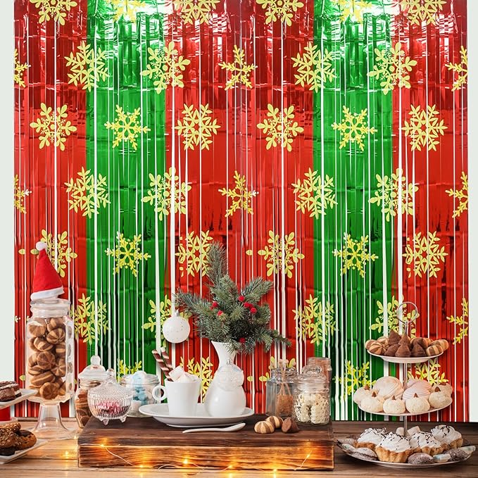 Christmas Party Decorations - 2 Pack Foil Fringe Curtains 3.3 X 6.6 ft Red Green Snowflake Tinsel Streamers Photo Backdrop for New Year, Ugly Sweater Party Decor