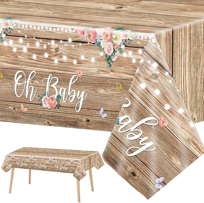 Tevxj 3 Pieces Wood Baby Shower Tablecloth Oh Baby Lace Rustic Floral Party Plastic Table Covers for Girl and Boy Floral Theme Party Decorations Supplies 54X108inch