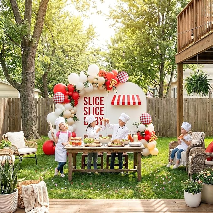 132PCS Pizza Party Balloon Arch Kit, Red White Sand White Latex & Gingham Checkered Foil Balloons with Pizza Foil Mylar for Italian Theme Birthday Baby Shower Christmas New Year Decorations