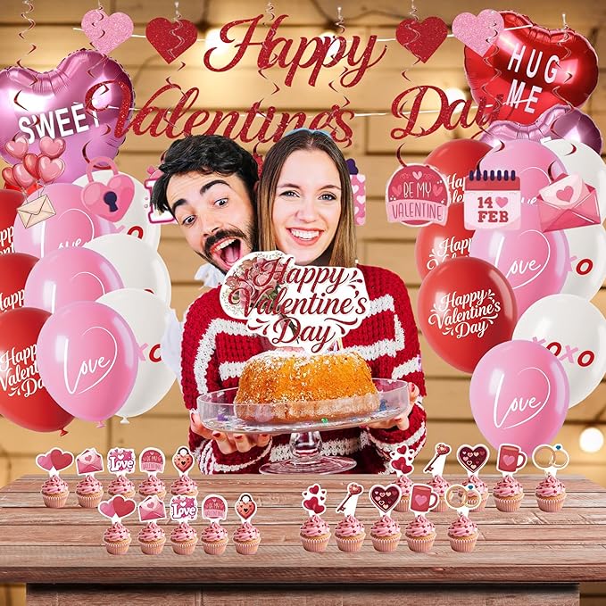 Happy Valentines Day Decorations Party Set Red Heart Decor - Themed Red Pink Balloons Banner Cake Topper Cupcake Toppers Foil Balloons Hanging Swirls Ornaments Valentine Supplies Stuff