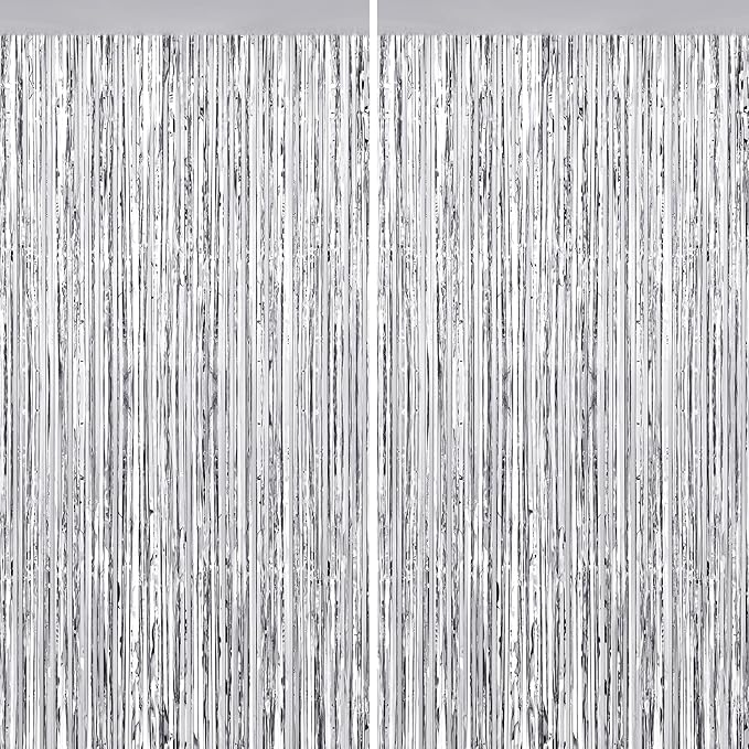 2 Pack Silver Foil Fringe Curtains, 3.3ft x 6.6ft Streamer Foil Curtain, Tinsel Backdrop for Birthday Party, Christmas Decor, Wedding Engagement Baby Shower Bachelorette Party Decorations