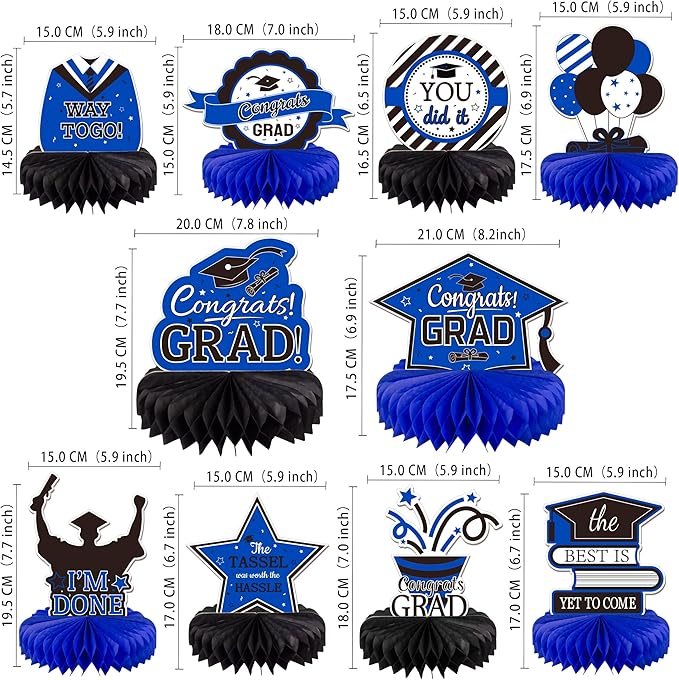 10PCS Graduation Decorations Class of 2025 Centerpieces, Congrats Grad Honeycomb Table Toppers for Graduation Party Favors, 2026 Graduation Party Decorations (10PCS, Blue & Black)