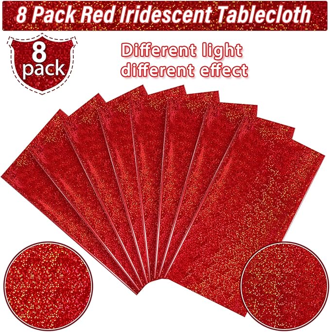 8 Pack Iridescence Red Plastic Tablecloths Shiny Disposable Laser Rectangle Table Covers Holographic Foil Tablecloth Iridescent Party Decoration Birthday Bridal Wedding Christmas 54" x 108"(Red)