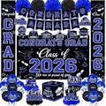 Graduation Decorations Class of 2026,Blue Graduation Decorations 2026- Congrats Grad Decorations Banner ＆ Hanging Swirls,Graduation Card Box,Paper Pompoms,Balloons,Porch Sign for College Grad Party