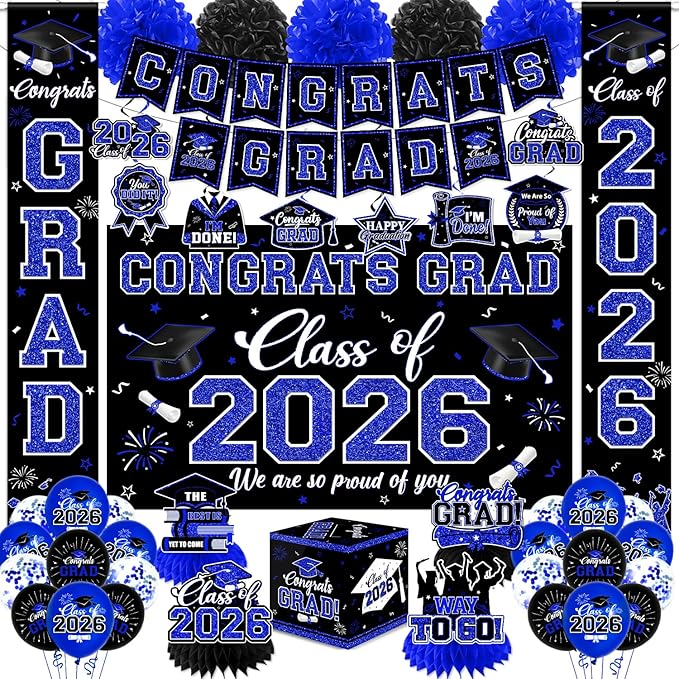 Graduation Decorations Class of 2026,Blue Graduation Decorations 2026- Congrats Grad Decorations Banner ＆ Hanging Swirls,Graduation Card Box,Paper Pompoms,Balloons,Porch Sign for College Grad Party