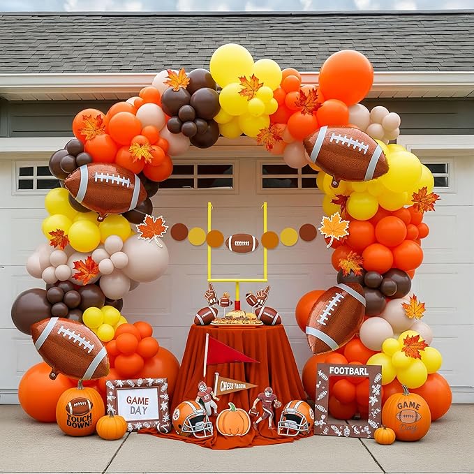 Fall Football season Decorations Kit Orange brown Balloon Garland Arch with Banner for fall and football Home decor National League Sports theme Birthday Thanksgiving Supplies