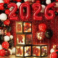 Graduation Party Decorations Class of 2026, 86PCS Red & Black Graduation Party Supplies High School College Grad Balloon Boxes with Letter, Foil Curtains, LED String Light, Balloon Garland Kit
