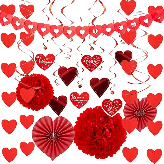 JOYIN 27 Pieces Valentines Day Swirl String Cutout, Decoration Kit with Heart Shaped Garland, Tissue Fans,Tissue Poms, Heart String, Double Swirls and Other for Valentines Party Wedding Anniversary