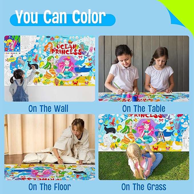 Mermaid World Coloring Poster, Large Coloring Activity Paper 75” x 31” Jumbo Size Ocean-themed Paper DIY Painting Drawing Banner/Tablecloth for School, Wall Decor