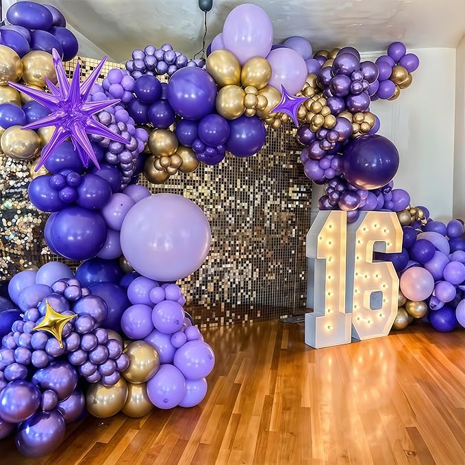 Purple and Gold Balloon Arch Kit Graduation Decorations 2026, 110Pcs Purple Balloon Garland with Explosion Foil Star Metallic Dark Violet Lavender Lilac Birthday Party Balloons for College School Prom