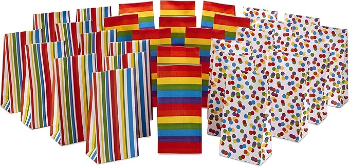 Hallmark Celebrate Rainbow Party Favor and Wrapped Treat Bags (30 Ct., 10 Each of Vertical Stripes, Horizontal Stripes, Dots) for Birthdays, Baby Showers, School Lunches, Care Packages, May Day