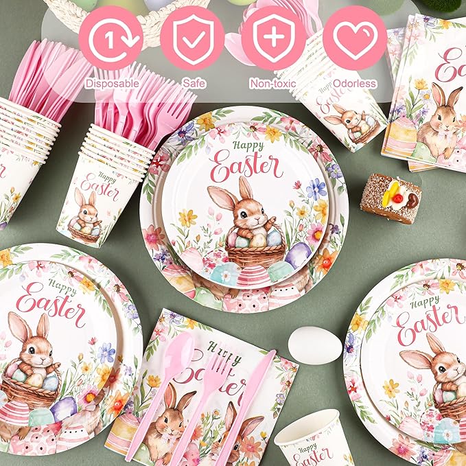 Kochorie 175 Pieces Easter Paper Plates and Napkins Disposable Colorful Eggs Easter Bunny Flower Tableware Set 7 Inch & 9 Inch Plates Napkins Cups Cutlery for Spring Holiday Party Decor, Serve 25