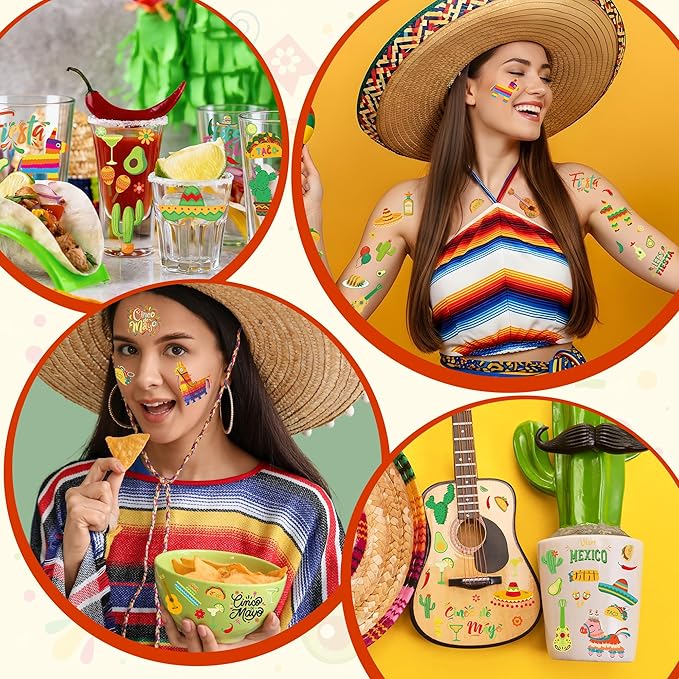 127 Pcs Cinco De Mayo Temporary Tattoos, 12 Sheets Metallic Fiesta Fake Tattoos for Cinco De Mayo Party Favors, Cactus Mexican Themed Tattoo for Mexican Fiesta Party Decorations Supplies Gifts Prize