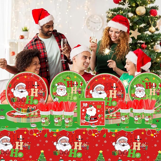 Christmas Party Decorations for 24 Guests – 193 PCS Xmas Party Supplies Set with Plates, Cups, Napkins, Cutlery, Straws & Tablecloth, Festive Tableware Kit for Home Dinner Picnic Holiday