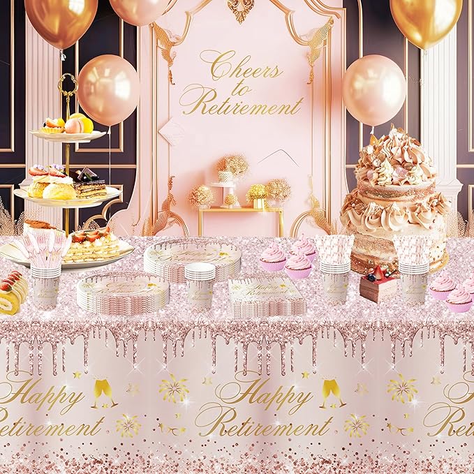 APOWBLS Retirement Decorations for Women Tablecloth - Disposable Rose Gold Happy Retirement Party Decorations Supplies Table Cover - 3Pack (54in x 108in)