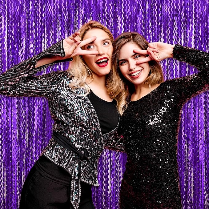 4 Pack Purple Wave Foil Fringe Curtain Backdrop, 3.28Ft x 8.2Ft Metallic Tinsel Foil Fringe Streamer Curtains for Photo Booth, Mother's Day, Easter, Birthday, Wedding Party Decoration