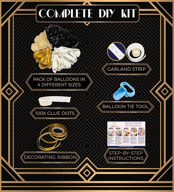 ALL-IN-1 Black White Gold Balloons Garland Kit & Arch – Small and Large Black White and Gold Balloons with Confetti – Black and Gold Party Decorations for Graduations, New Years, Birthday
