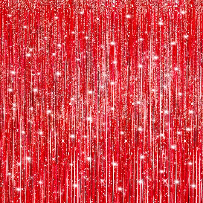 Crosize 4 Pack 3.3 x 9.9 ft Laser Red Foil Fringe Curtains Party Decorations,Tinsel Curtain Backdrop for Parties, Door Streamers, Glitter Streamer Backdrop for Birthday Decoration