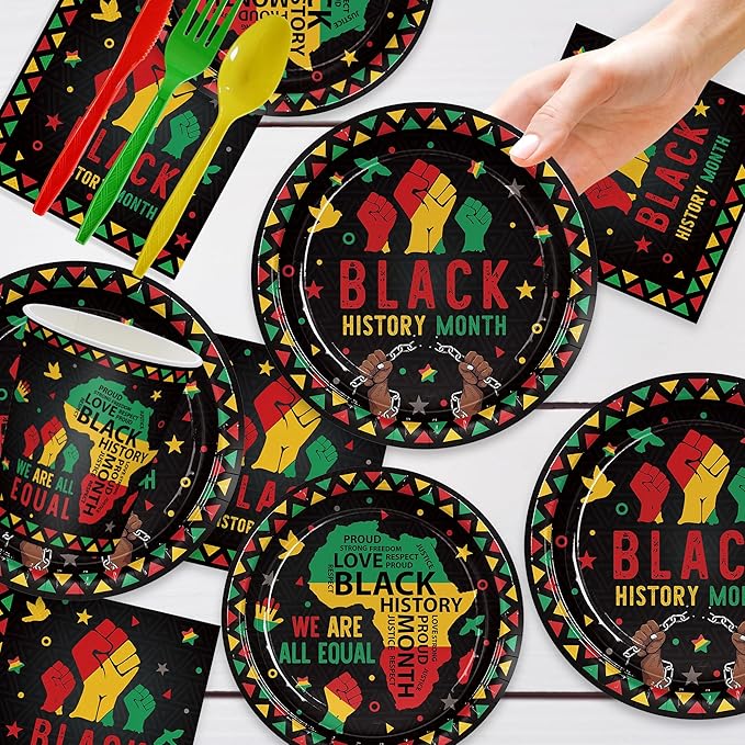 168pcs Black History Month Decorations Plates Napkins Disposable Paper Cups Tableware Set Black History Month Party Supplies for African American Festival Decor Serve 24 Guests