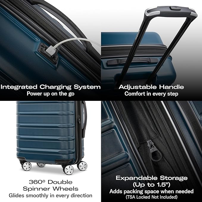 Samsonite Omni 2 Global Carry-On Spinner Luggage - Compact Size For International Travel - Airline-Approved - Features Expandable Polycarbonate Shell, 360° Wheels, USB Power Hub - Lagoon Blue