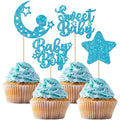 Gyufise 24Pcs Blue Glitter Baby Boy Cupcake Toppers Star Moon Sweet Baby Babyshower Boy Cupcake Picks for Baby Shower Boys Birthday Party Cake Decorations Supplies