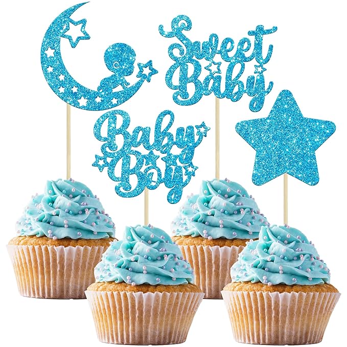 Gyufise 24Pcs Blue Glitter Baby Boy Cupcake Toppers Star Moon Sweet Baby Babyshower Boy Cupcake Picks for Baby Shower Boys Birthday Party Cake Decorations Supplies