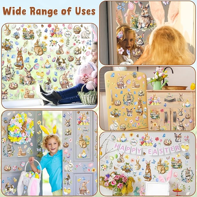 9 Sheets Easter Window Clings, 87 PCS Watercolor Easter Party Decorations with Bunny Egg Flower, Double Sided Egg Window Decals Stickers for Spring Decor Home Office Party Supplies